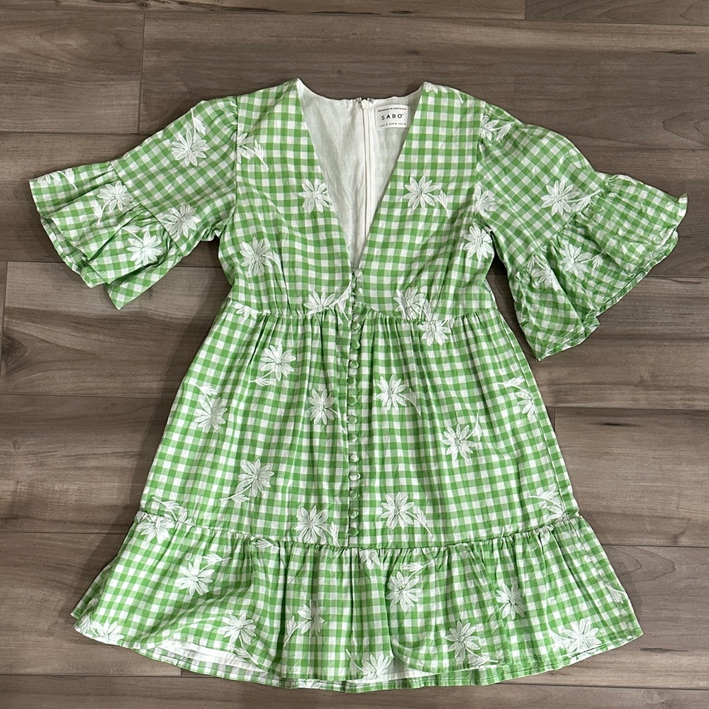 SABO Green Checkered Dress with Floral Accents